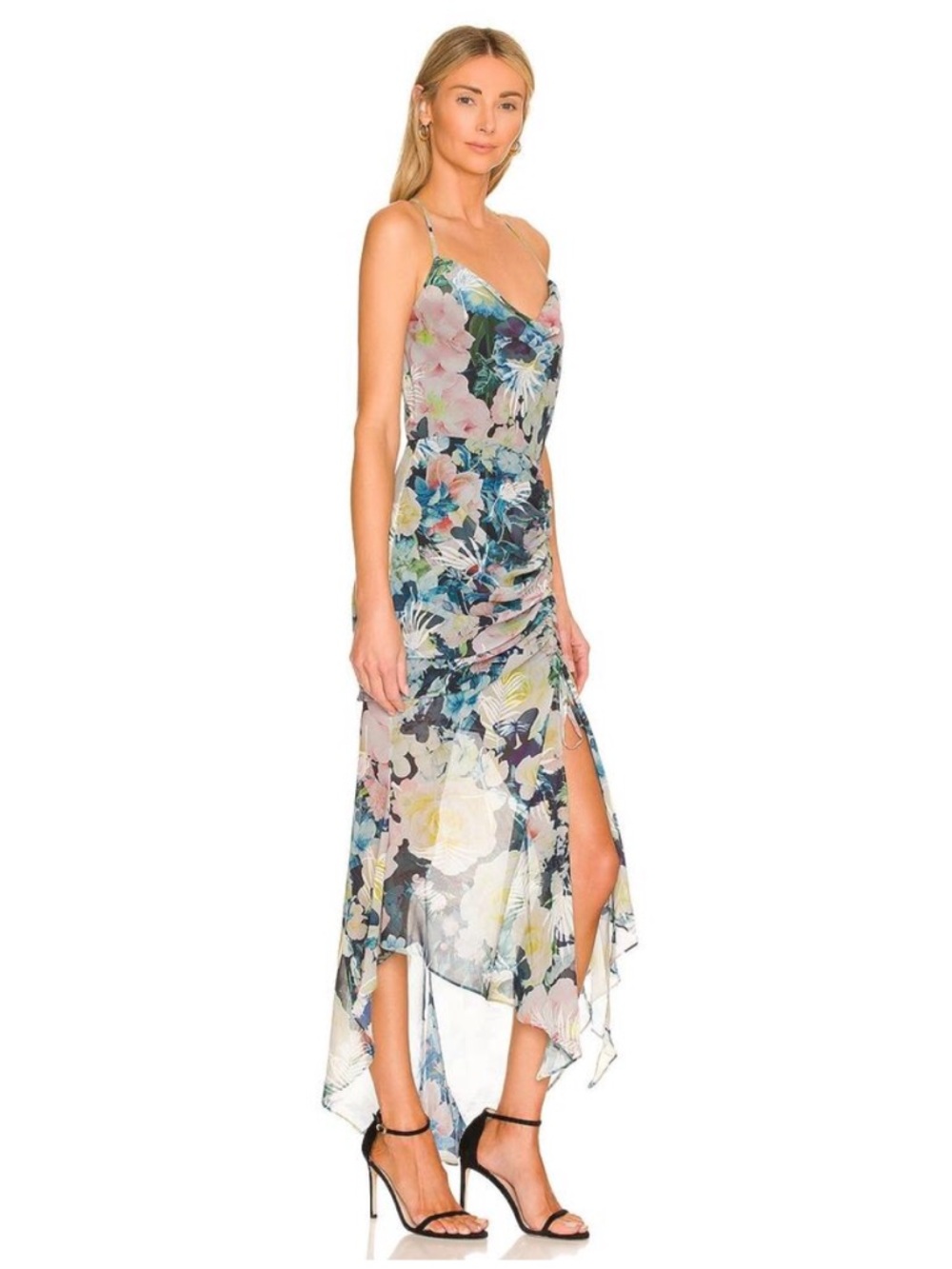 Sau Lee Freida Blue Moody Floral Asymmetrical Dress Mermaid Wedding Guest Size 6 - Picture 3 of 14
